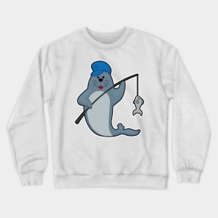 Seal at Fishing with Fishing rod & Fish Crewneck Sweatshirt